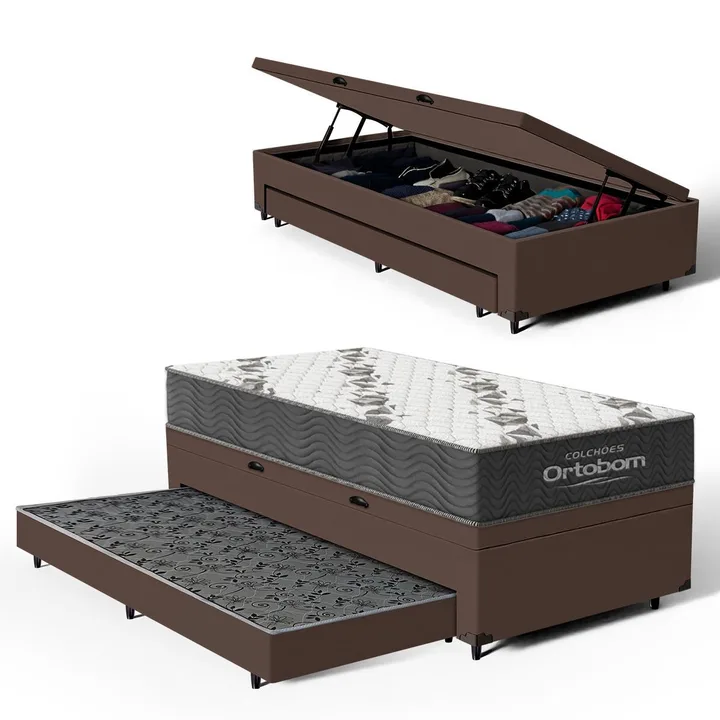 Cama Box Baú + Colchão De Espuma D33 Ortobom Airtech 100 + Auxiliar Unique Solteiro 88 cm, imagem 1 de 5