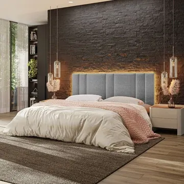 Cabeceira Estofada Cama Casal King Size Led Star 200 Cm Linho Cinza