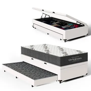 Cama Box Baú + Colchão Ortobom De Espuma D33 Airtech 100 + Auxiliar Unique Solteiro 88 Cm