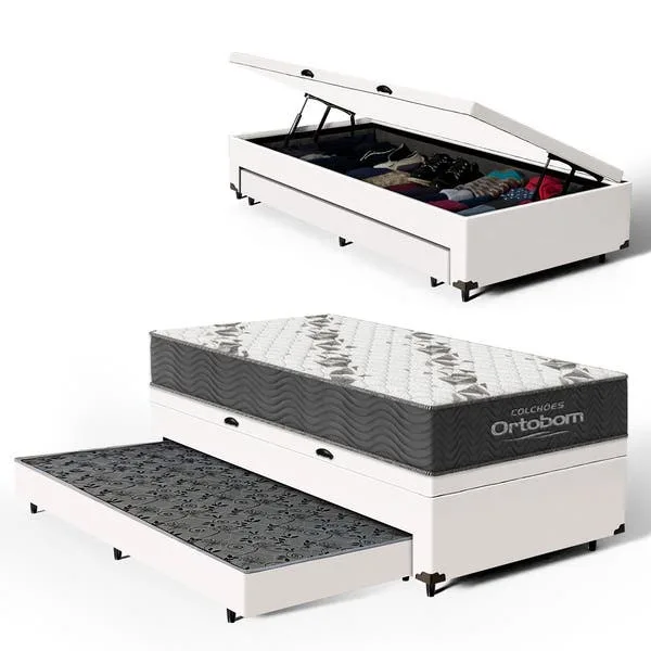 Cama Box Baú + Colchão Ortobom De Espuma D33 Airtech 100 + Auxiliar Unique Solteiro 88 Cm, imagem 1 de 10