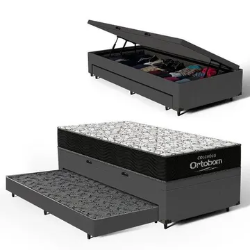 Cama Box Baú + Colchão Ortobom De Espuma D45 Airtech 150 + Auxiliar Unique Solteiro 88 Cm
