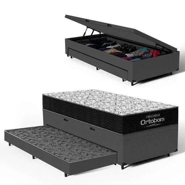 Cama Box Baú + Colchão Ortobom De Espuma D45 Airtech 150 + Auxiliar Unique Solteiro 88 Cm, imagem 1 de 8