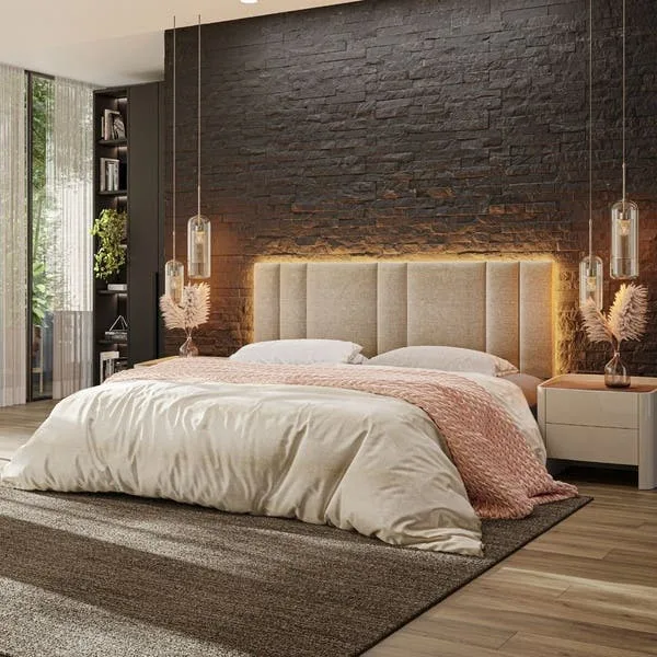 Cabeceira Estofada Cama Casal King Size Led Moderna 200 Cm Linho Bege, imagem 1 de 5