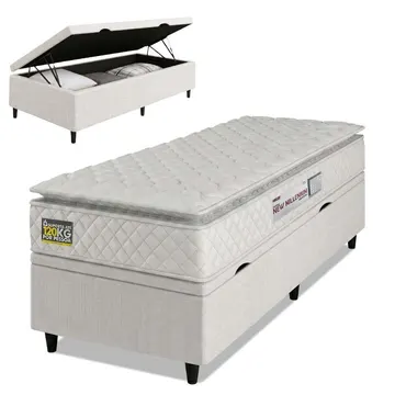Cama Box Baú Solteiro Colchão Espuma D33 Pillow Top New Millenium 88x188x60cm Branco Hellen Suporta Até 120 Kg Por Pessoa