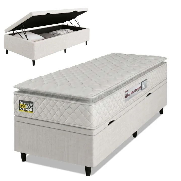 Cama Box Baú Solteiro Colchão Espuma D33 Pillow Top New Millenium 88x188x60cm Branco Hellen Suporta Até 120 Kg Por Pessoa, imagem 1 de 5