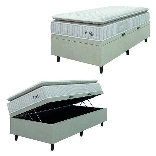 Cama Box Baú Colchão Solteiro Molas Ensacadas City Pillow Top 88x188x64cm Branco / Bege Hellen, imagem 1 de 6