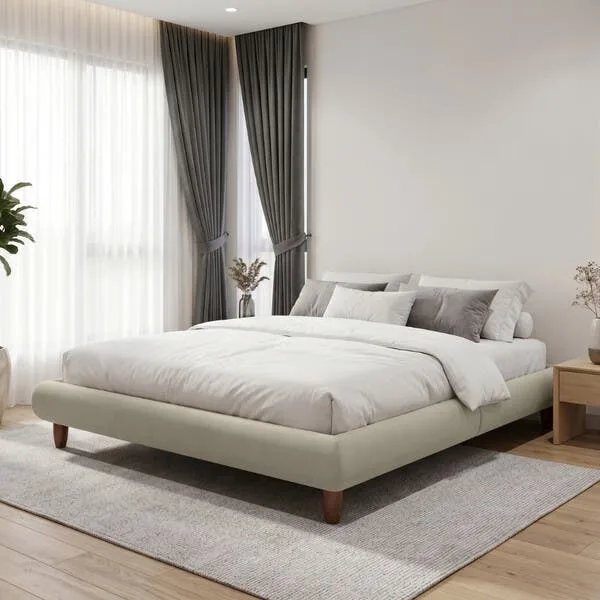 Cama Casal Queen Base Box Pés De Madeira 176cm Otto P05 Veludo Bege - Lyam Decor, imagem 1 de 7