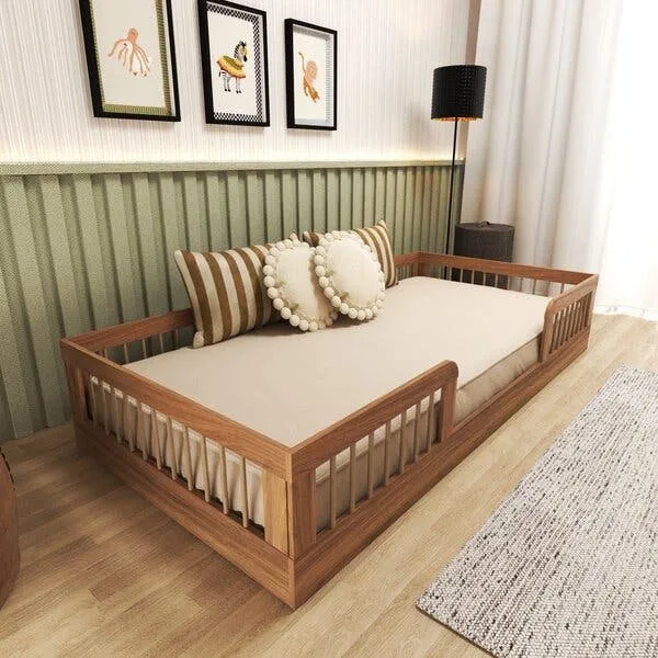 Cama Infantil Montessoriana Solteiro Com Grades Em Pinus Lume Marrom/carvalho Mel Carvalho Mel, imagem 1 de 10