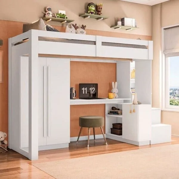 Cama Alta Beliche Office Infantil/juvenil Com Roupeiro E Escrivaninha Moon Yescasa Branco Branco, imagem 1 de 10
