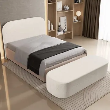 Cabeceira Cama Box Casal 140cm Lanna Com Puff Recamier Doha W01 Linho Cru - Lyam Decor