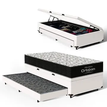 Cama Box Baú + Colchão Ortobom De Espuma D45 Airtech 150 + Auxiliar Unique Solteiro 88 Cm