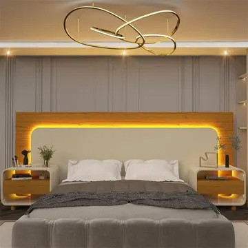 Cabeceira Box Casal Com 2 Mesas De Cabeceira Com Led Innova 100% Mdf Branco Naturale/off White
