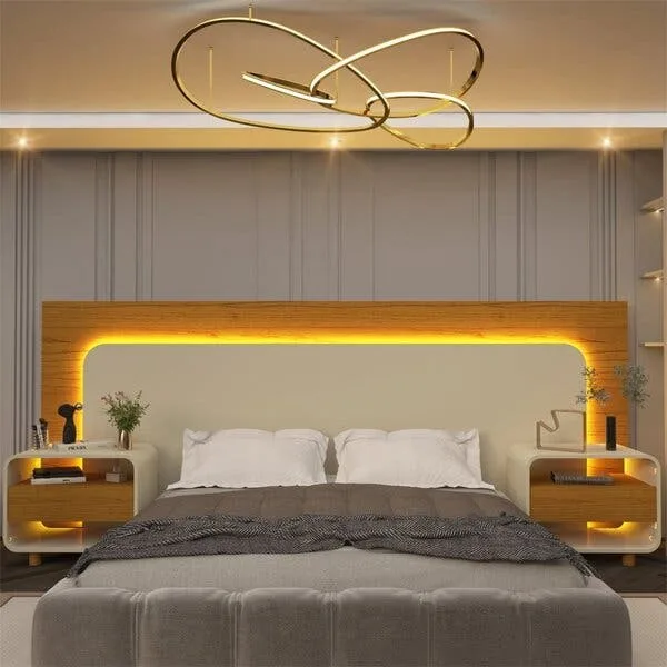 Cabeceira Box Casal Com 2 Mesas De Cabeceira Com Led Innova 100% Mdf Branco Naturale/off White, imagem 1 de 10
