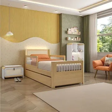 Bicama Solteiro Wave Infantil Reversível Led Com Rattan Grade Em Palito Casatema Madeiraoriginals Bege/marrom/branco