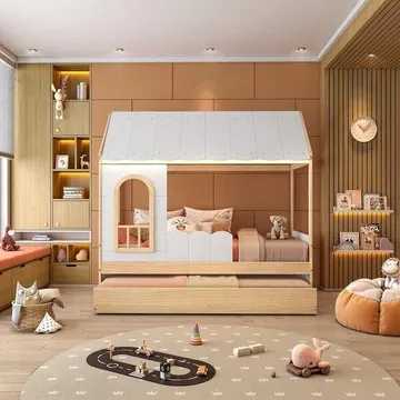 Bicama Infantil Casinha Com Led E Janela New Garden Casatema Madeiraoriginals Branco/marrom Branco/natural