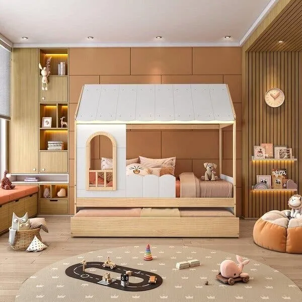 Bicama Infantil Casinha Com Led E Janela New Garden Casatema Madeiraoriginals Branco/marrom Branco/natural, imagem 1 de 10