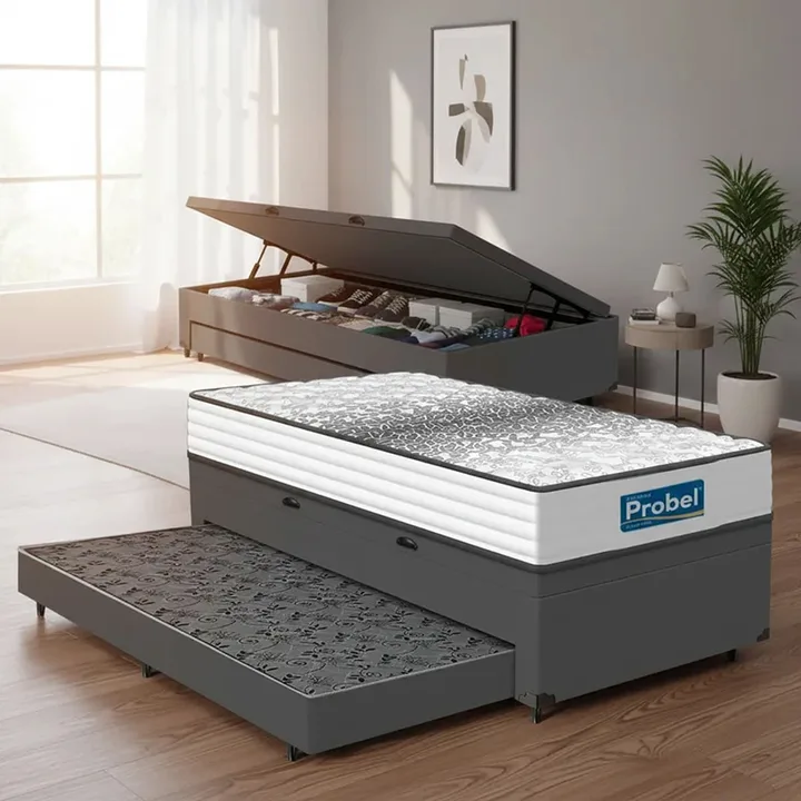 Cama Box Baú Com Colchão De Molas Ensacadas Double Face Essence Probel + Auxiliar Solteiro 88cm, imagem 1 de 5