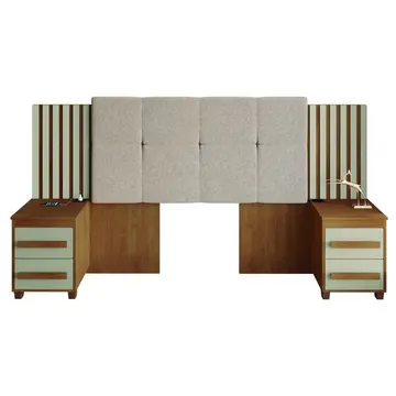 Cabeceira Casal Extensível Com 2 Mesas De Apoio Ripado E Estofado Cinamomo/off White Suíça Rv Móveis