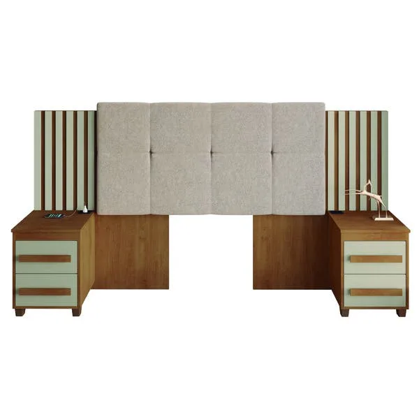 Cabeceira Casal Extensível Com 2 Mesas De Apoio Ripado E Estofado Cinamomo/off White Suíça Rv Móveis, imagem 1 de 5