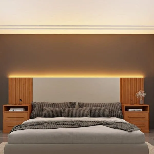 Cabeceira Box Casal Ripado Com Led E Carregador Usb E 4 Gavetas Yescasa Cinamomo/off White, imagem 1 de 10
