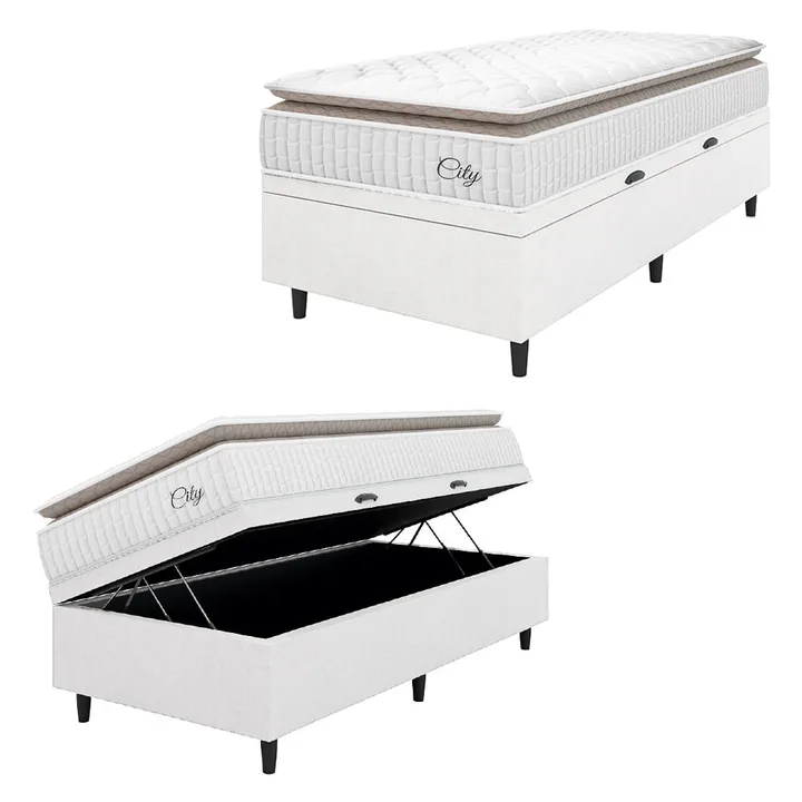 Cama Box Baú Colchão Solteiro Molas Ensacadas City Pillow Top 88x188x64cm Linho Branco / Bege Hellen - Suporta Até 110kg Por Pessoa, imagem 1 de 5