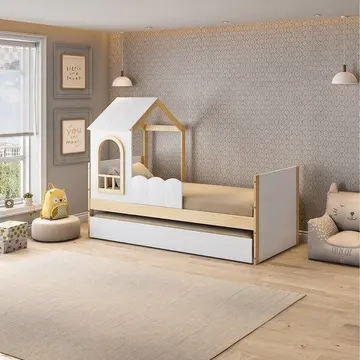 Bicama Infantil Casinha Com Led E Janela New Garden Casatema Madeiraoriginals Marrom/branco Natural/branco