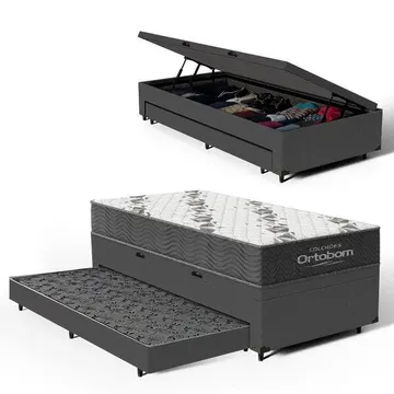 Cama Box Baú + Colchão Ortobom De Espuma D33 Airtech 100 + Auxiliar Unique Solteiro 88 Cm