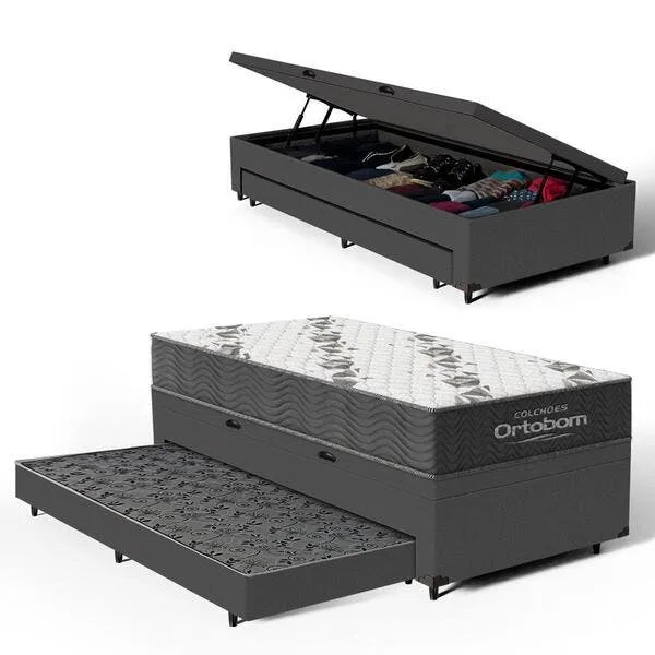 Cama Box Baú + Colchão Ortobom De Espuma D33 Airtech 100 + Auxiliar Unique Solteiro 88 Cm, imagem 1 de 8
