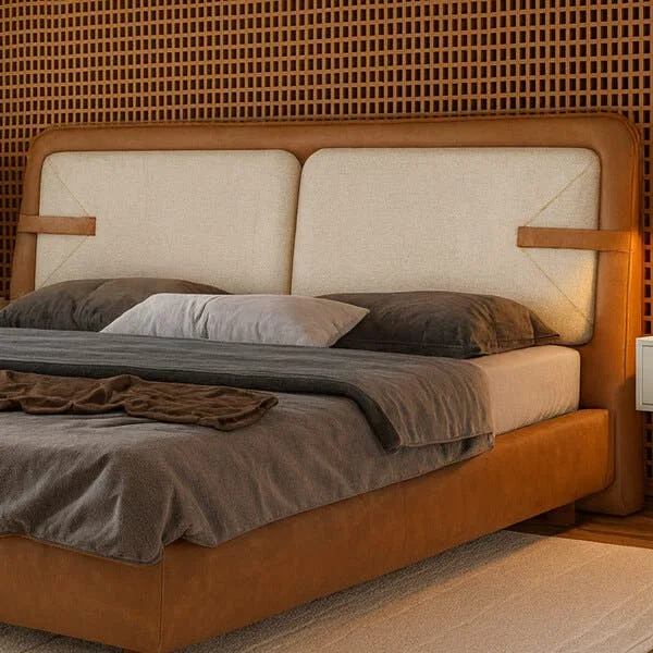 Cabeceira King Yun Courino Caramelo / Linho Off White - Sallar Home, imagem 1 de 4
