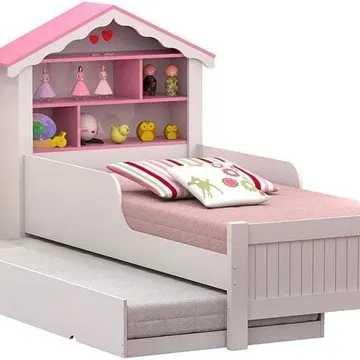 Bicama Infantil Solteiro Menina Casinha Branco Rosa