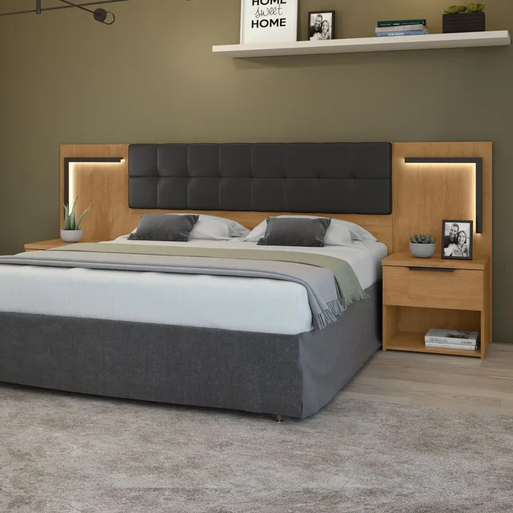 Cabeceira Casal Queen Com 2 Mesas De Cabeceira Led Corino Calitan Marrom Amêndoa Clean/preto Fosco Amêndoa Clean/preto, imagem 1 de 10