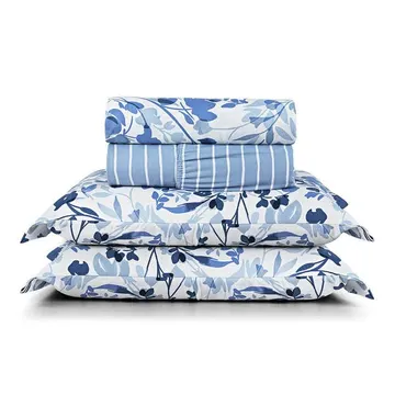 Jogo Cama Lençol Belle Casal Padrão 400 Fios Estampado 4 Peças Florido Azul