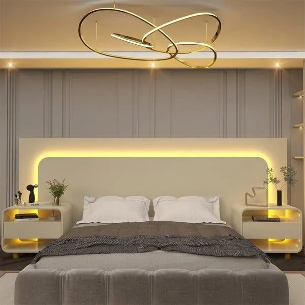 Cabeceira Box Casal Com 2 Mesas De Cabeceira Com Led Innova 100% Mdf Branco Off White, imagem 1 de 10