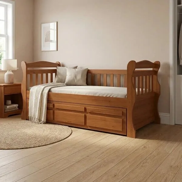 Bicama Solteiro Americana Luiza Cama Auxiliar 3 Gavetas Pinus Castanho Claro Marrom, imagem 1 de 4