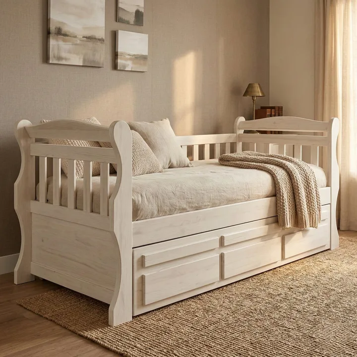 Bicama Solteiro Com Cama Auxiliar E 3 Gavetas Madeira Maciça Luiza Branco Lavado Branco Lavado, imagem 1 de 4