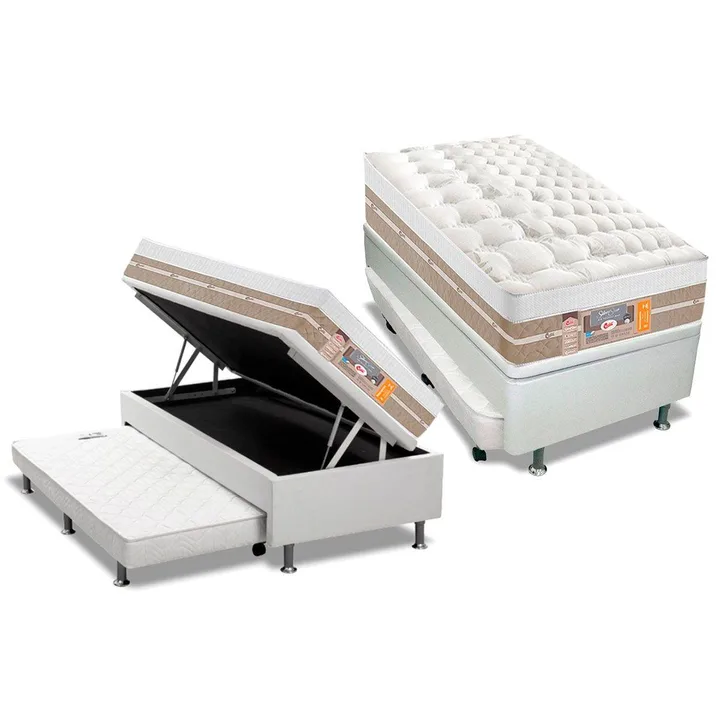 Cama Box Baú C/auxiliar Solteiro: Colchão Molas Castor Pocket Silver Star Air + Base Crc Courano Branco(88x188), imagem 1 de 5