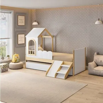 Bicama Infantil Com Mini Escorregador E Led New Garden Casatema Madeiraoriginals Marrom/branco Natural/branco