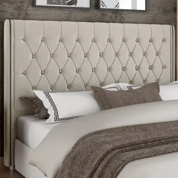 Cabeceira Cama Box Queen 160cm Estofada Frizza P05 Veludo Bege - Lyam Decor