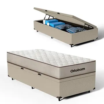 Cama Box Baú + Colchão Ortobom De Espuma D60 Force Dream Solteiro 88 Cm